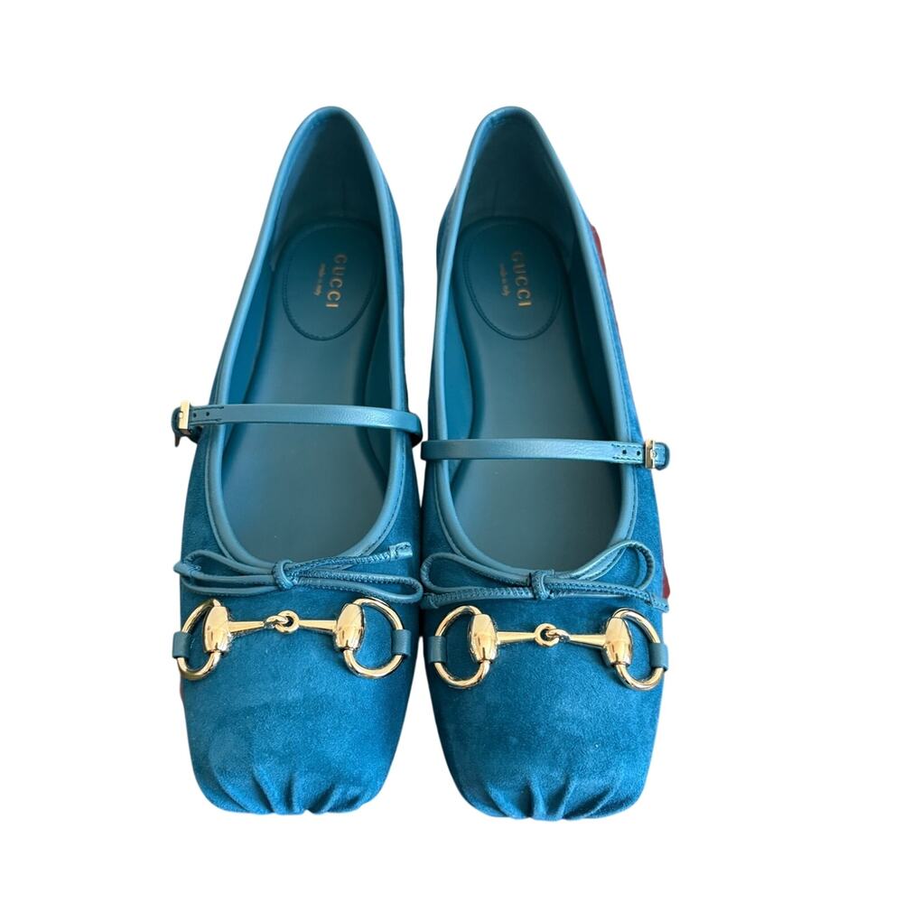 Gucci Teal blue Suede Horsebit Mary Jane Flats 38.5 - Picture 3 of 10